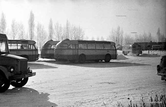 на фото видно маршрутні автобуси, які у 1968 році возили пасажирів із центру міста Черкаси до аеропорту. Інтервал руху таких автобусів був 5-10 хвилин.