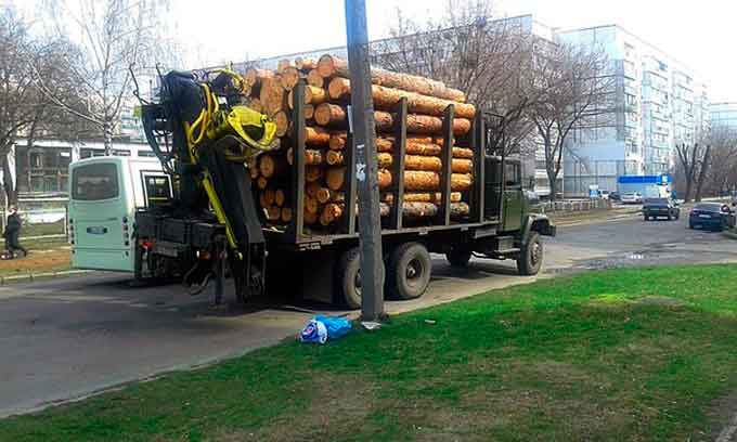 У Черкасах із лісовоза, який перевозив деревину, під час руху вилетіла колода, втрапивши у лобове скло рейсового автобуса 