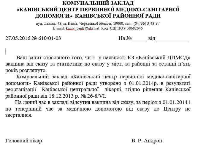 У Каневі немає вакцини від сказу, але медики шукають виправдання в статистиці