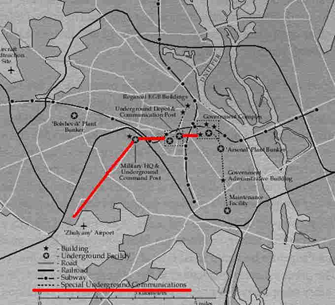 За радянських часів своє «Метро-2» було і в столиці України. Червоним кольором позначений підземний тунель від урядового кварталу до аеропорту «Жуляни»